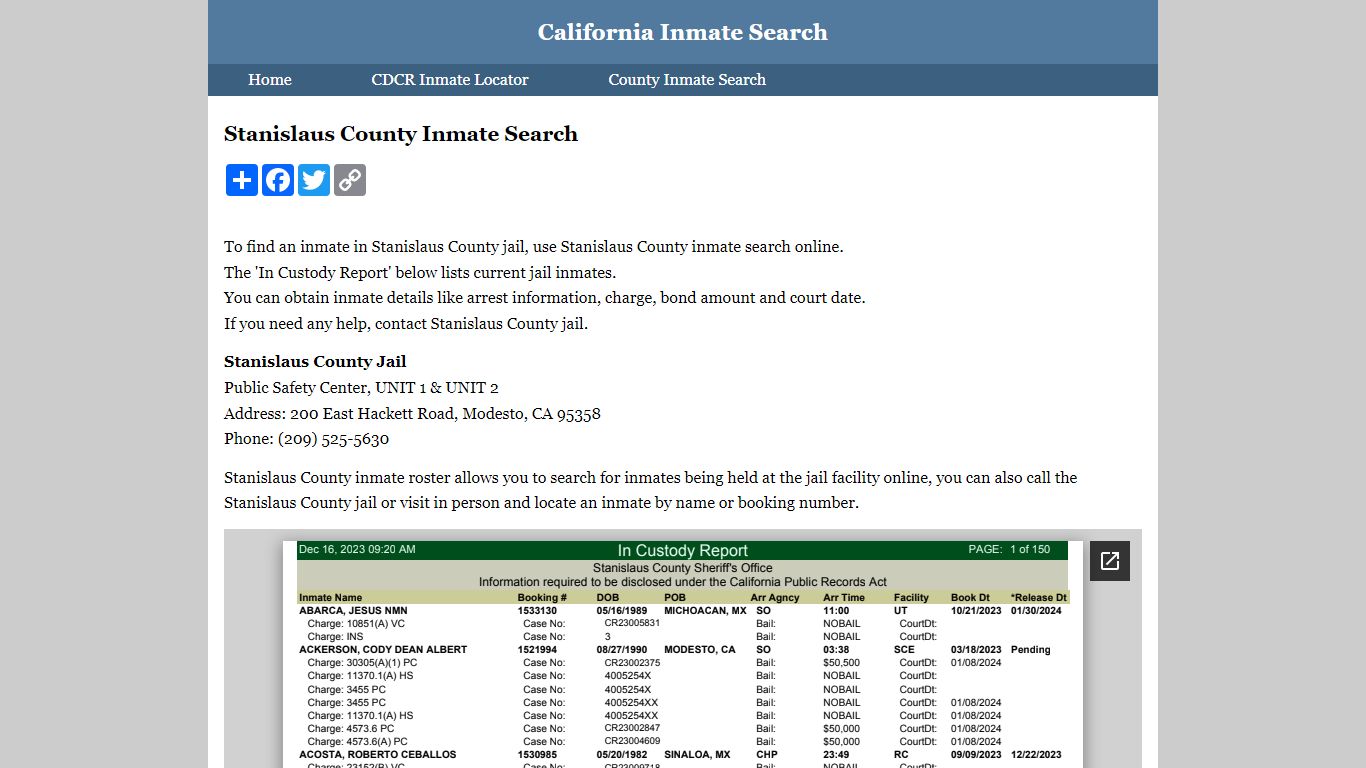 Stanislaus County Inmate Search - California Inmate Search